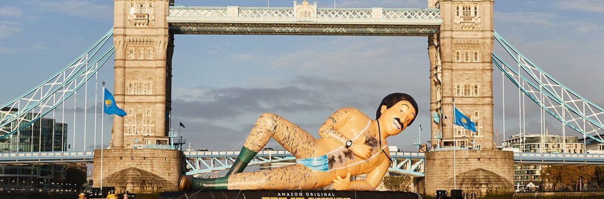 A film launch, the River Thames and Borat wearing a facemask as a thong