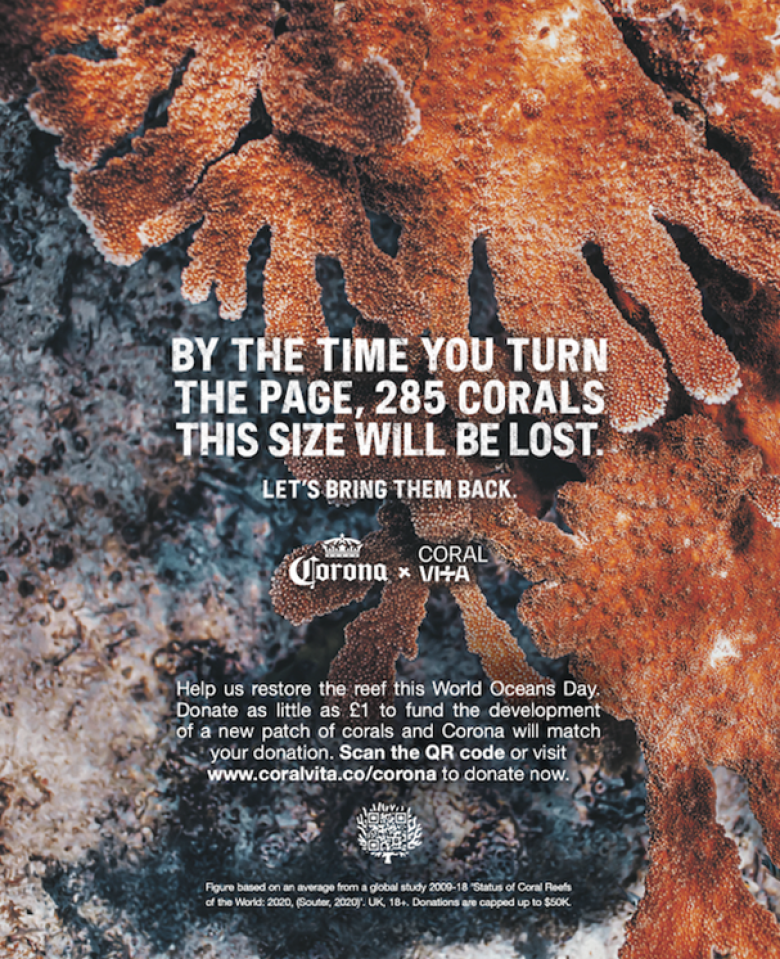 Corona rallies support to save endangered coral reefs with page turning creative