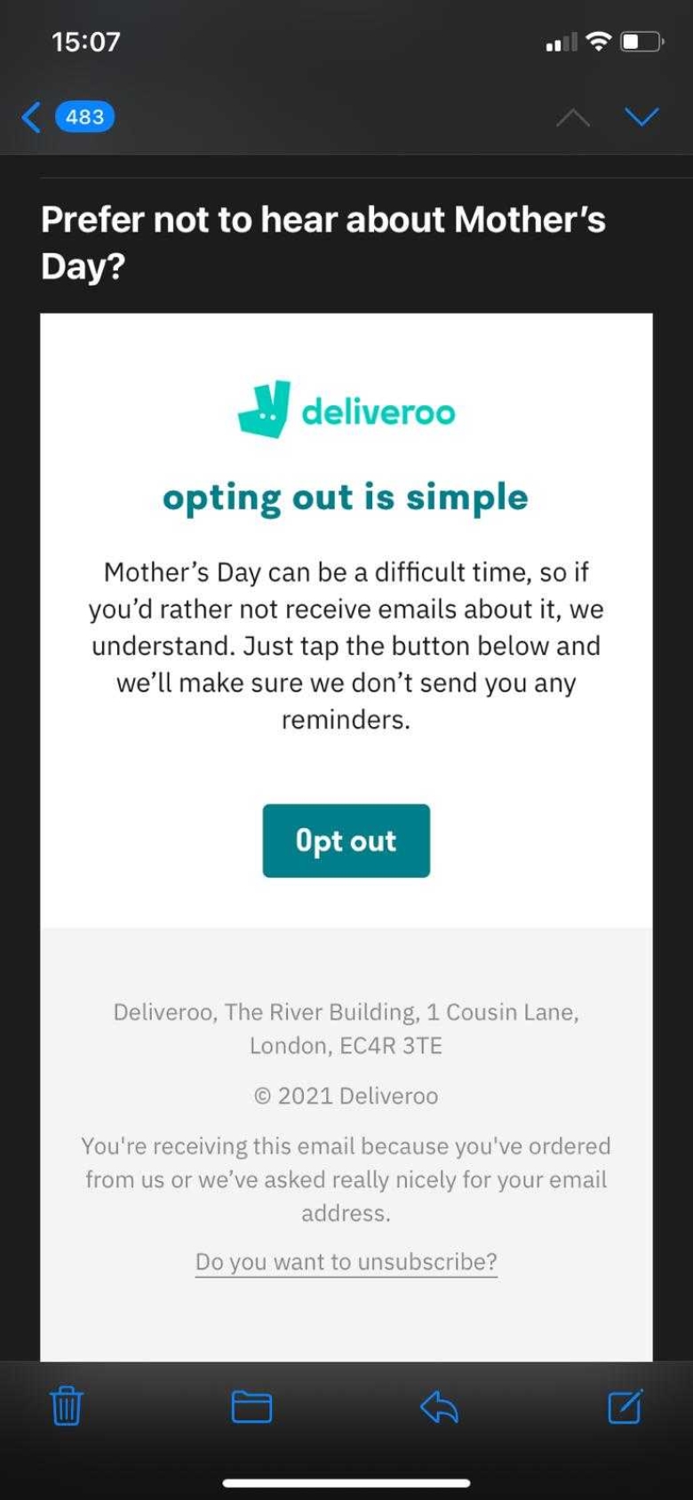 Deliveroo lets you opt out of Mother's Day in this sensitive message