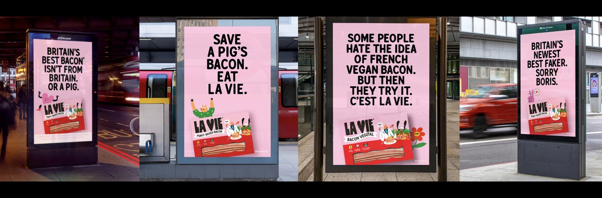 Plant-based bacon company presents personality-packed pink posters for World Vegan Day