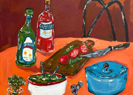 Shama Johns Cooking at Home with a side of Negroni 50x60 oil on canvas