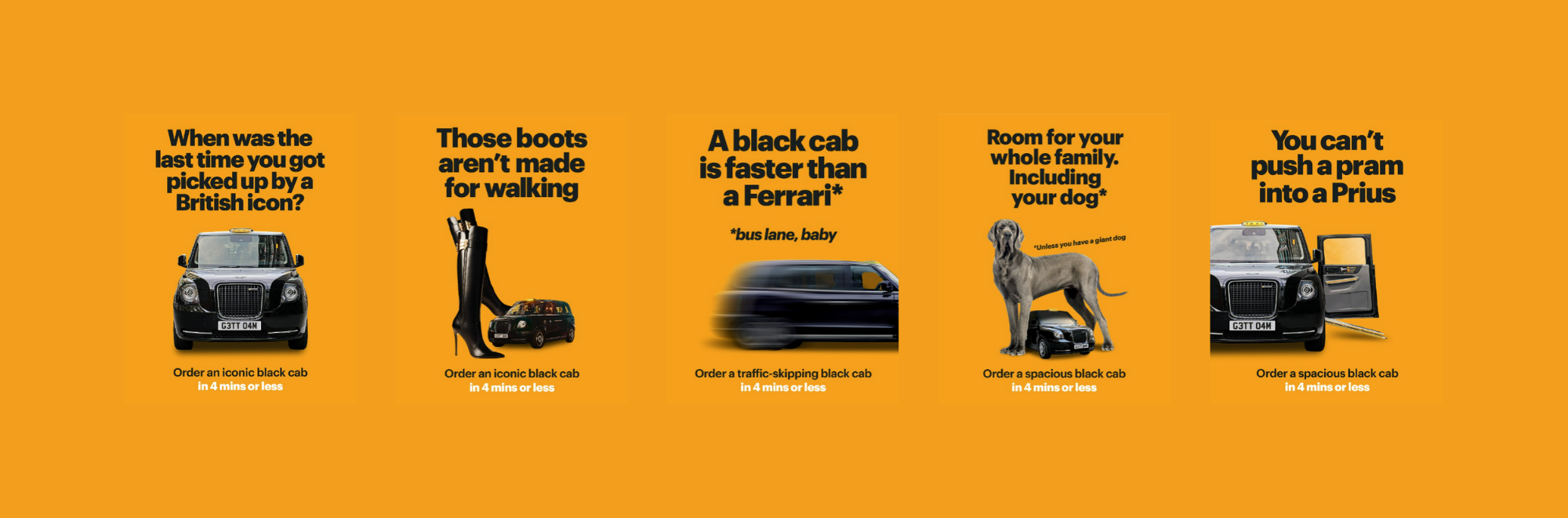 These boots aren't made for walking: Vibrant and pithy ads from 10 Days London for black cab firm Gett