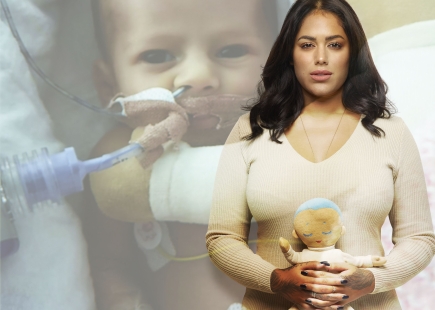 Embargo 16th November 20 Lost for Words A Royal London exhibition with Rankin Malin Andersson pictured standing next to a projection of her daughter who she lost to a heart defect