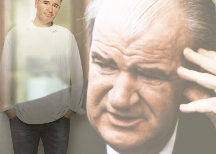 Embargo 16th November 20 Lost for Words A Royal London exhibition with Rankin Jarlath Regan pictured standing next to a projection of his uncle who he lost to a heart attack