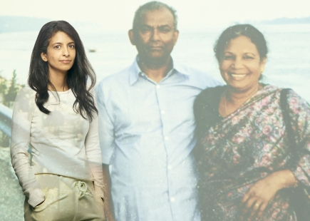 Embargo 16th November 20 Lost for Words A Royal London exhibition with Rankin Konnie Huq pictured standing next to a projection of her parents She lost her father to prostate cancer